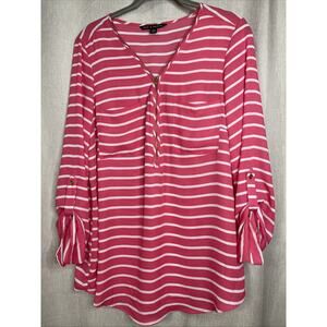 Zac & Rachel 1/2 Zip Pink Striped Blouse - Women Size Medium - Sheer/Lightweight